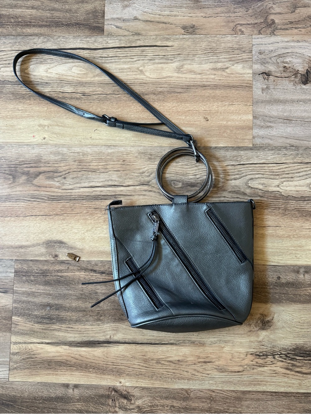 Women’s Black Ring-Handle Shoulder Bag with Zip Detail